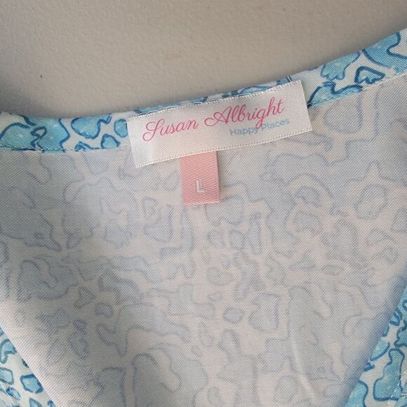 Susan Albright Dress L The Fripp Blue Aqua Blue White Cotton Tie Side Happy Plac - Picture 11 of 16